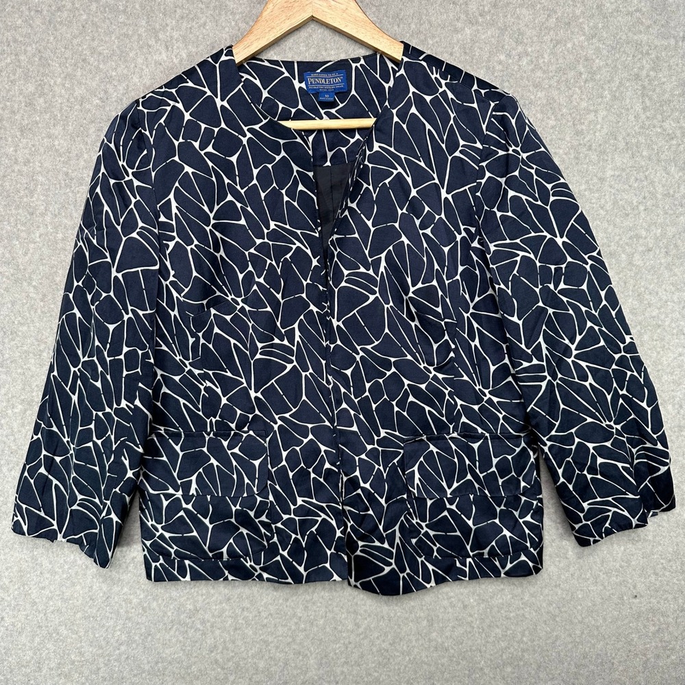 Pendleton Womens Size 10 Jacket Navy White Abstract Print Collarless Silk Blend